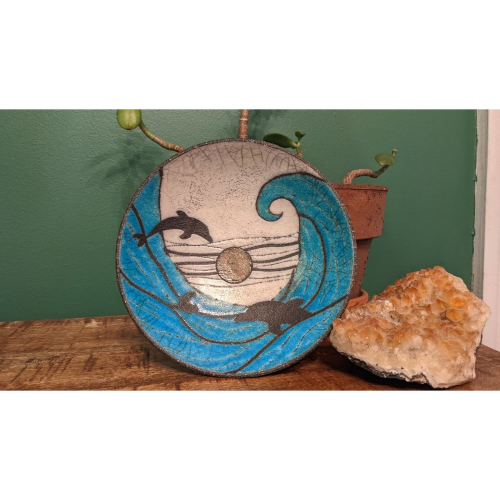 Vintage Italian Raku Pottery Bowl - Ocean Scene with Dolphins